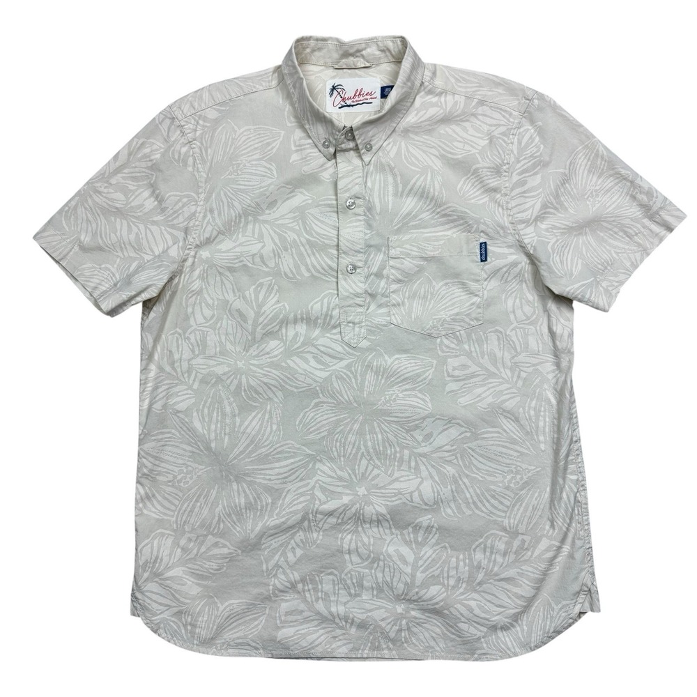 Chubbies Men The Luau Uniform Popover Button Shirt Size L Beige Stretch Hawaiian